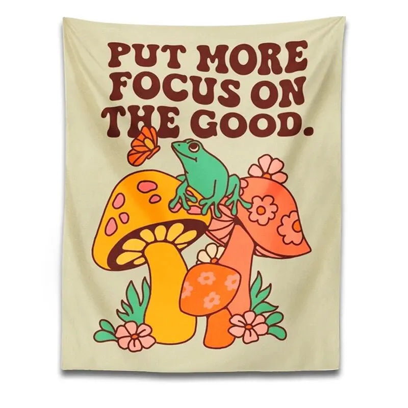 1pc Mushroom Frog Tapestry Wall Hanging Retro Put More Focus on the Good Trippy Aesthetic Room Decor Vintage Boho Wall Art