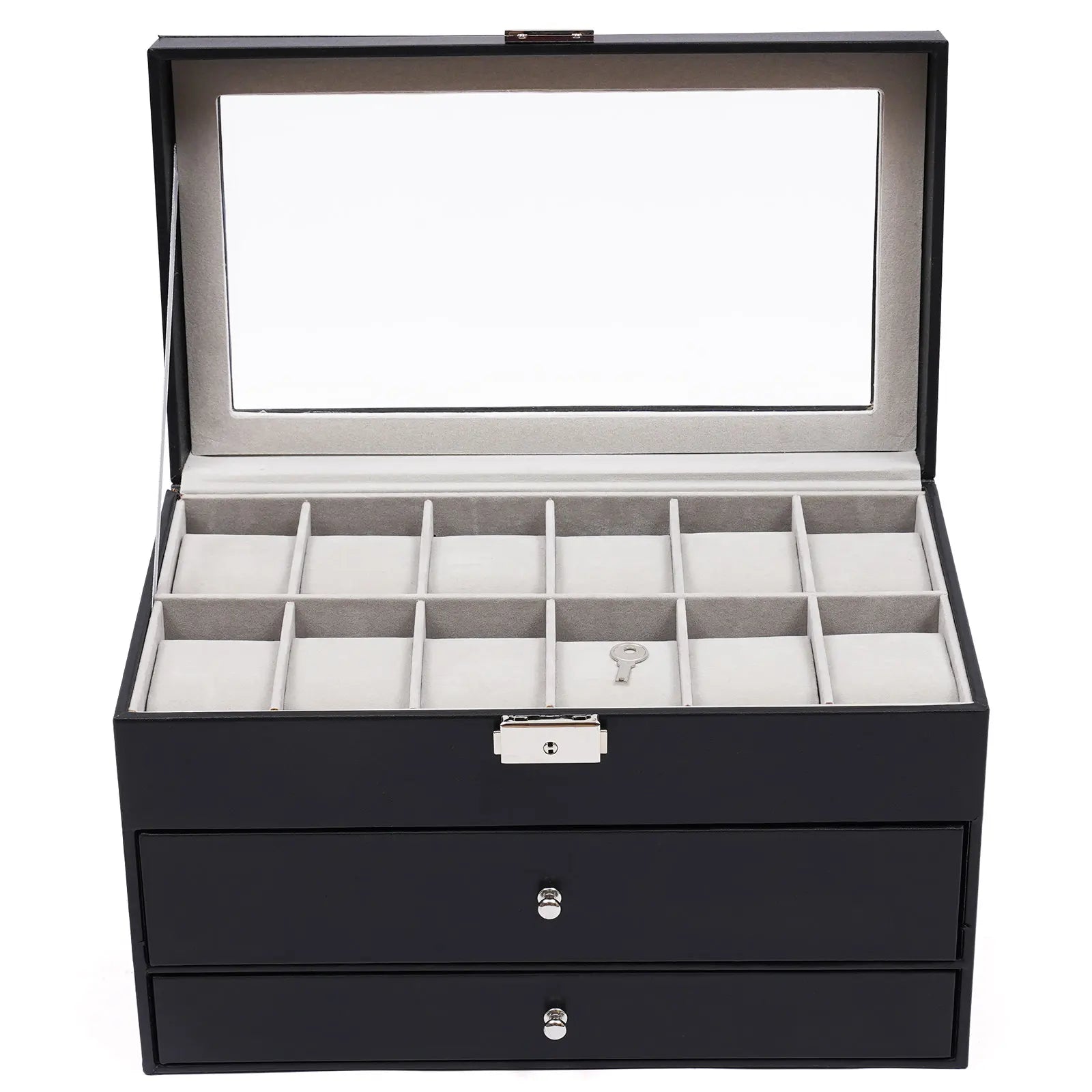 3 Layer Black Leather Watch And Eyeglasses&Sunglasses Box With Jewelry Display Drawer Metal Buckle Case Organizer