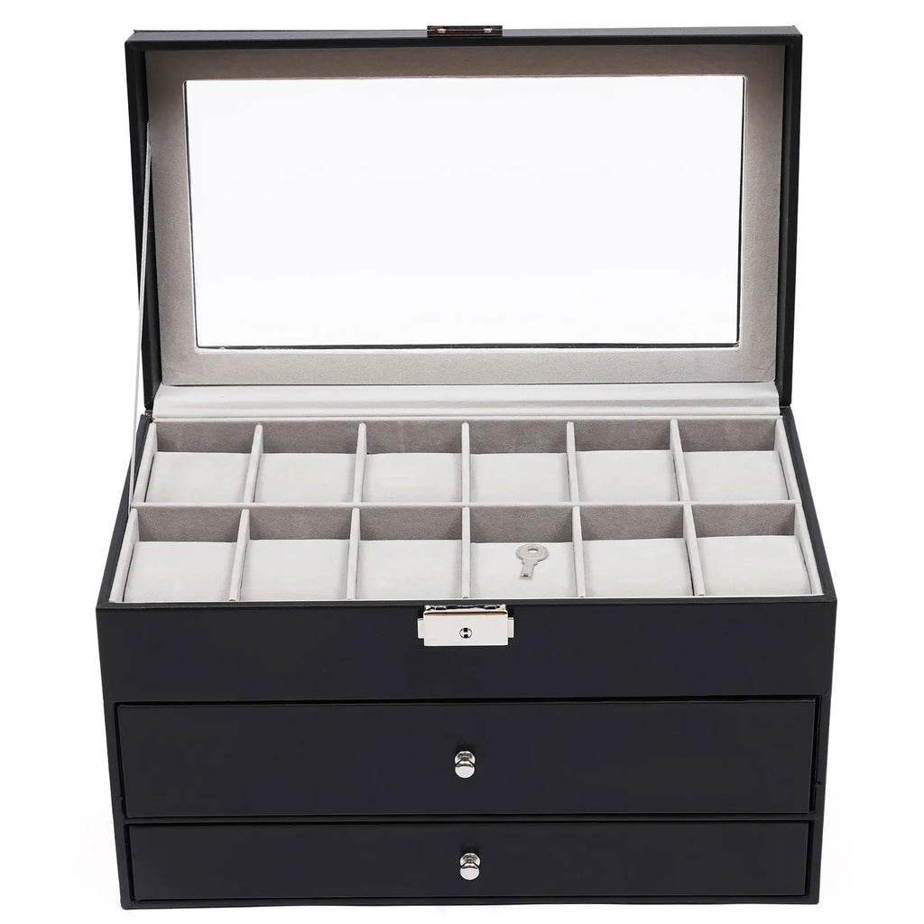 3 Layer Black Leather Watch And Eyeglasses&Sunglasses Box With Jewelry Display Drawer Metal Buckle Case Organizer