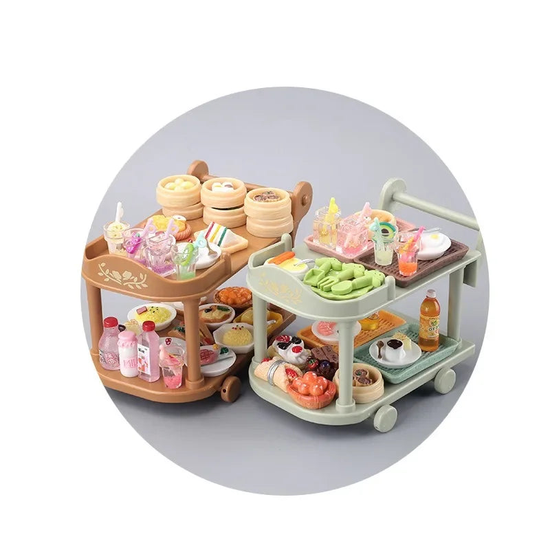 Dollhouse Food Carts Trolley with Mini Food 1set Dinnerware Drink Miniature House Toy Kitchen Scene Doll Accessories Home Decor