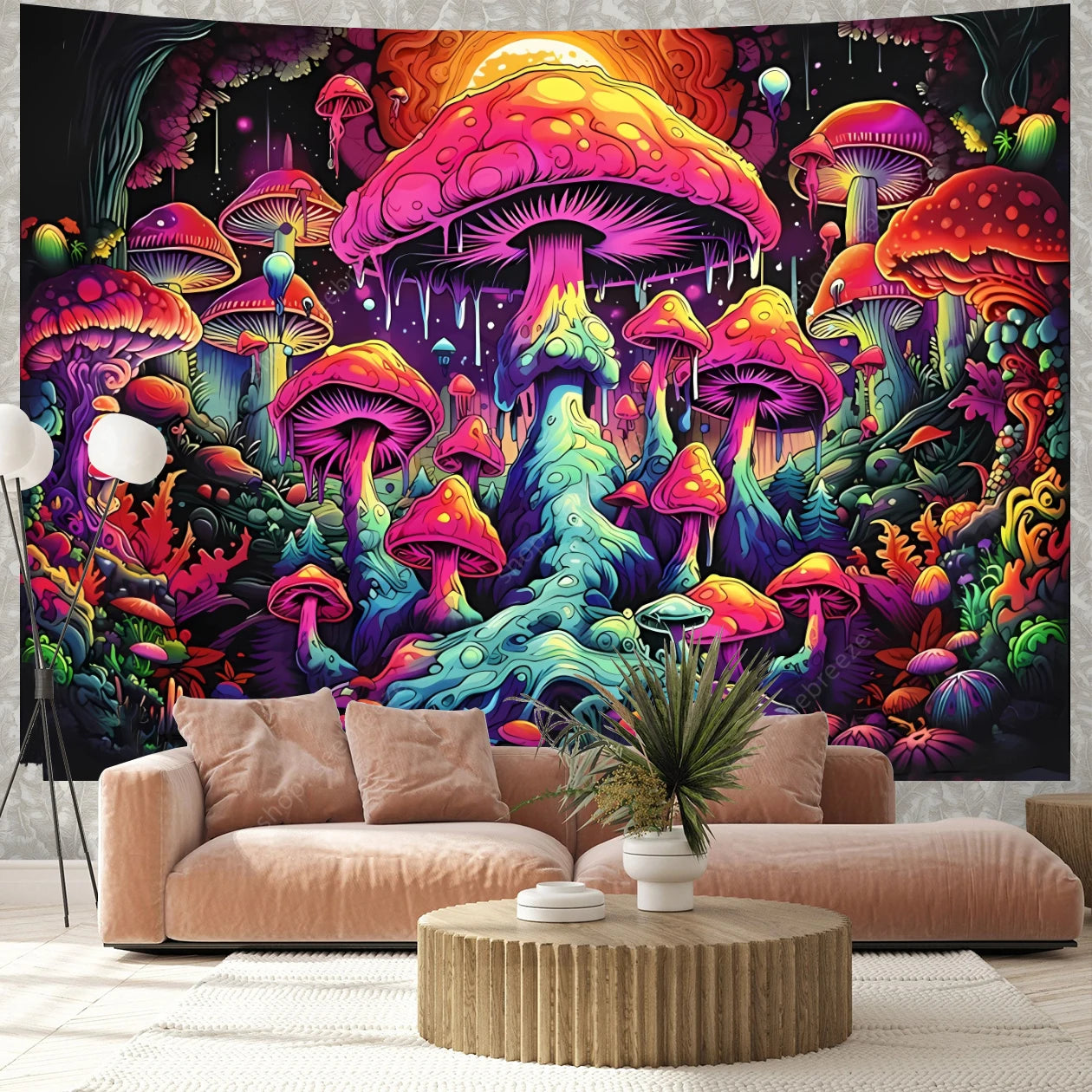 Fantasy Mushroom UV Reactive Tapestry Beautiful Floral Plant Tapestry Wall Hanging Gothic Home Wall Decor Room Decor Aesthetic