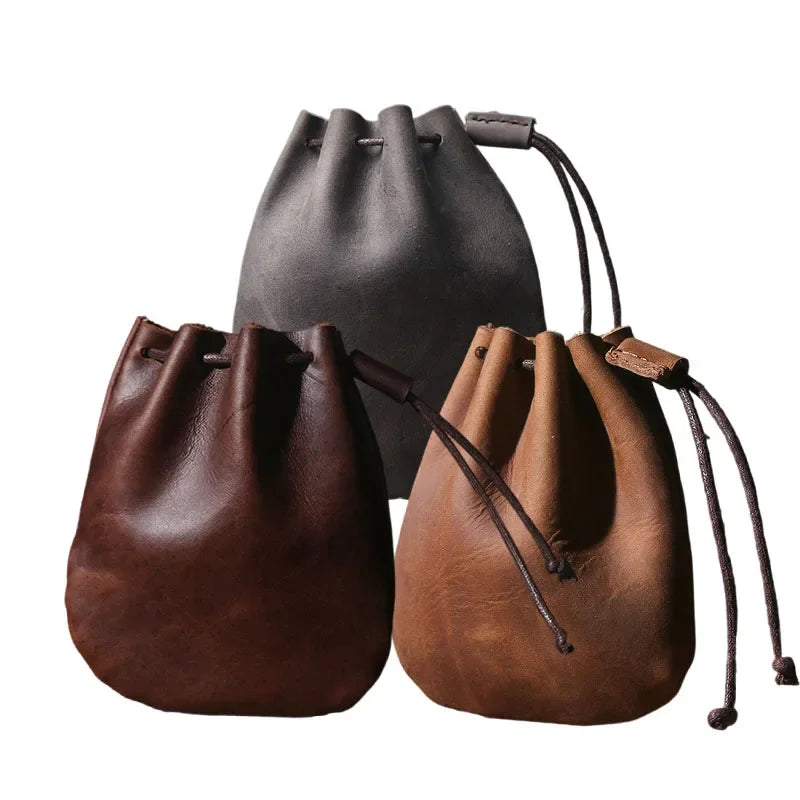 Drawstring Coin Storage Bag Handmade Genuine Leather Unisex Coin Purse Cow Leather Coins Money Pocket Retro Wallet Bags