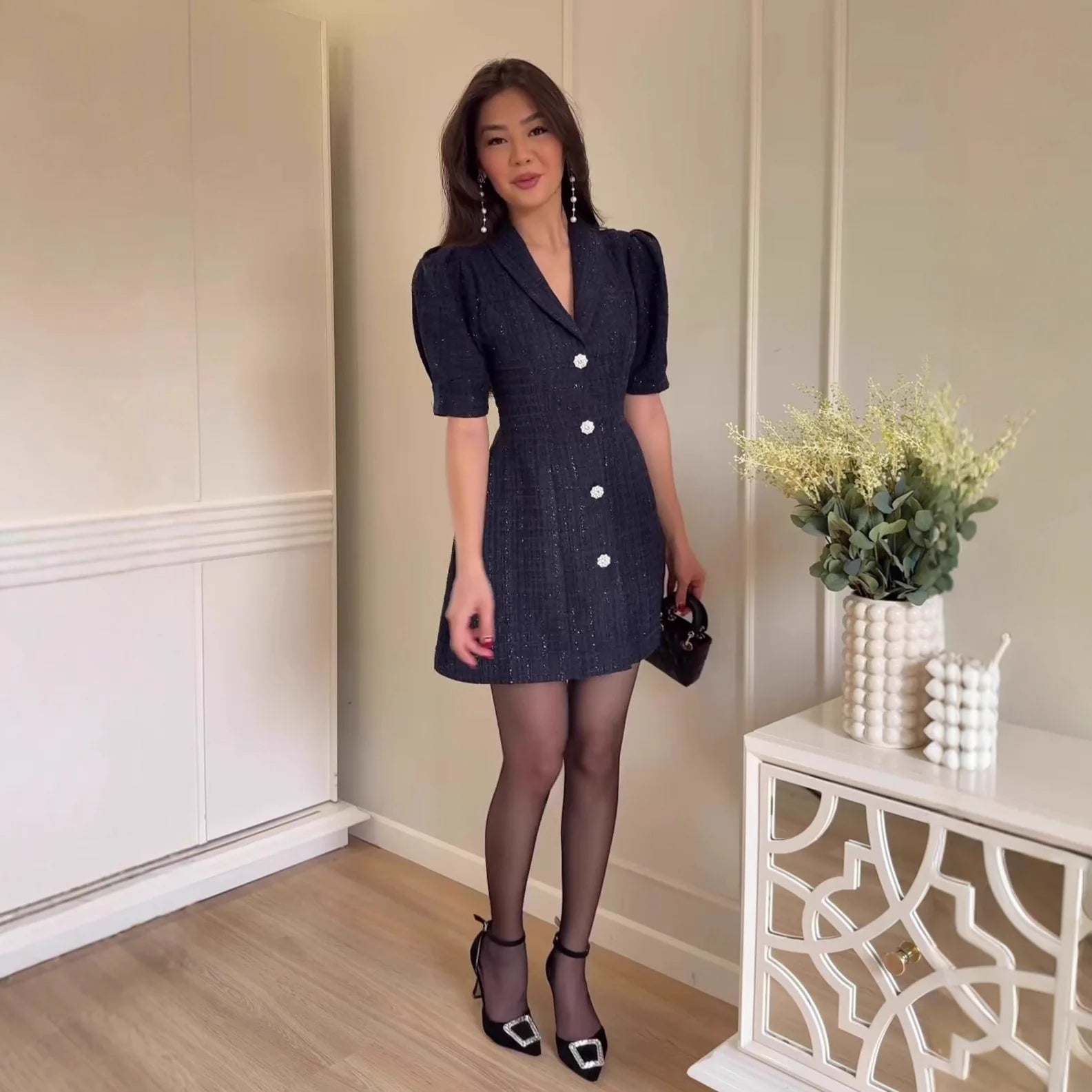 Women's Clothing 2026 Spring New Suit Collar Short Sleeve Cardigan Elegant Mini Bodycon Dress