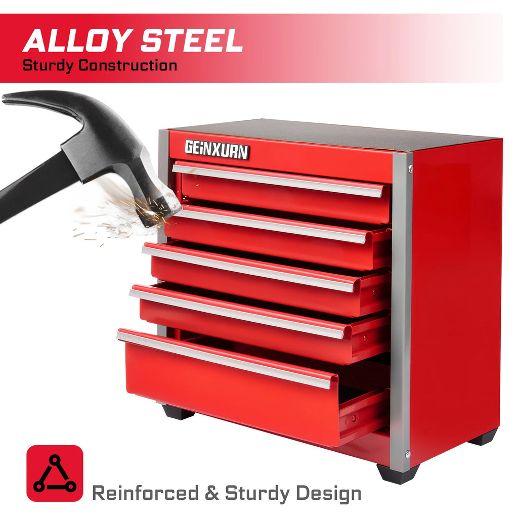 Geinxurn Mini Tool Box, Red Portable 3 or 5 Drawer Micro Roll Cab Steel Stackable Tool Cases with Magnetic Tab Locking