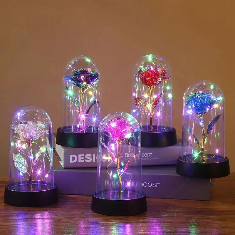 Artificial Glass Flower with Eternal Rose of the LED Light for Women Beauty and Beast Rose Birthday Gifts for Girls Christmas