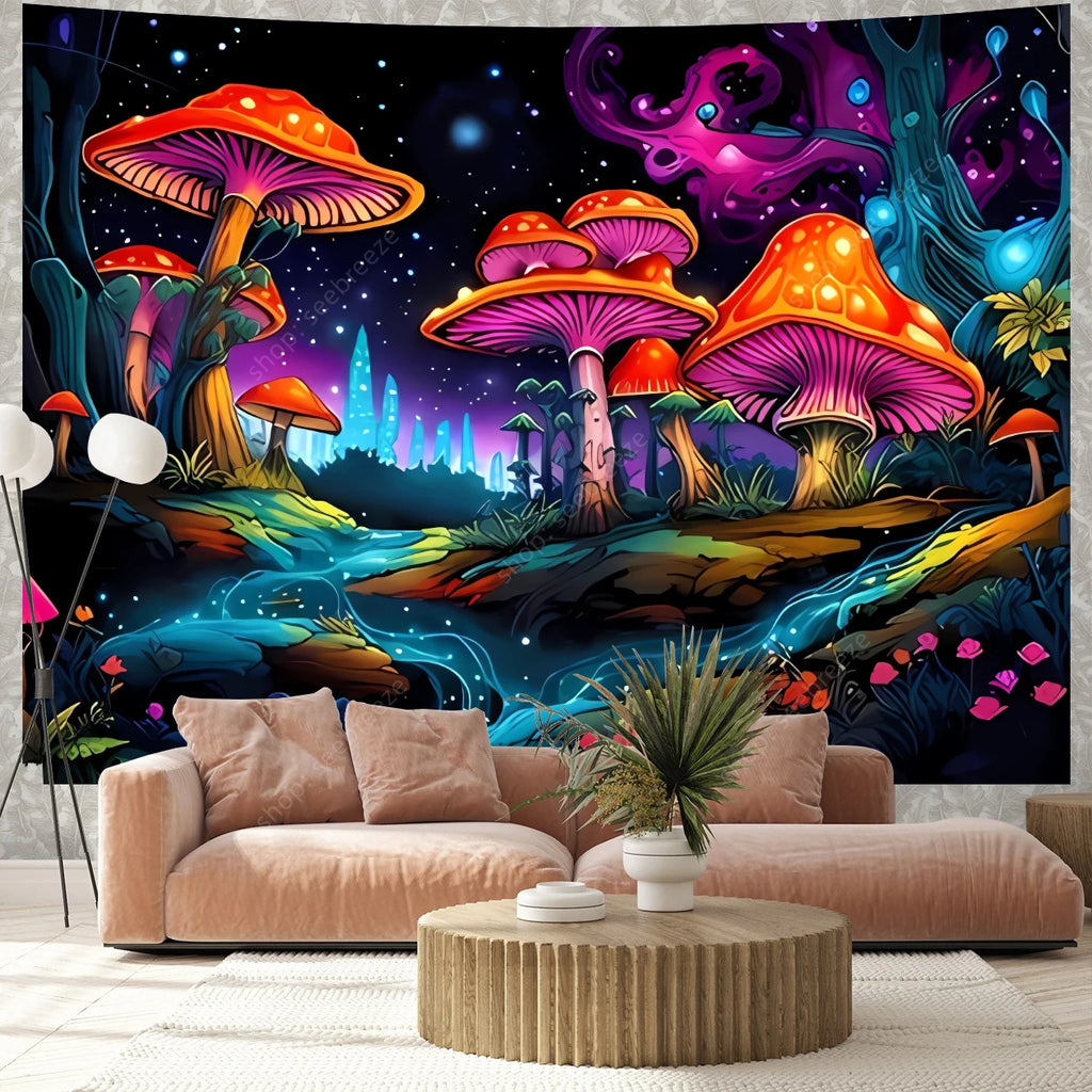 Fantasy Mushroom UV Reactive Tapestry Beautiful Floral Plant Tapestry Wall Hanging Gothic Home Wall Decor Room Decor Aesthetic