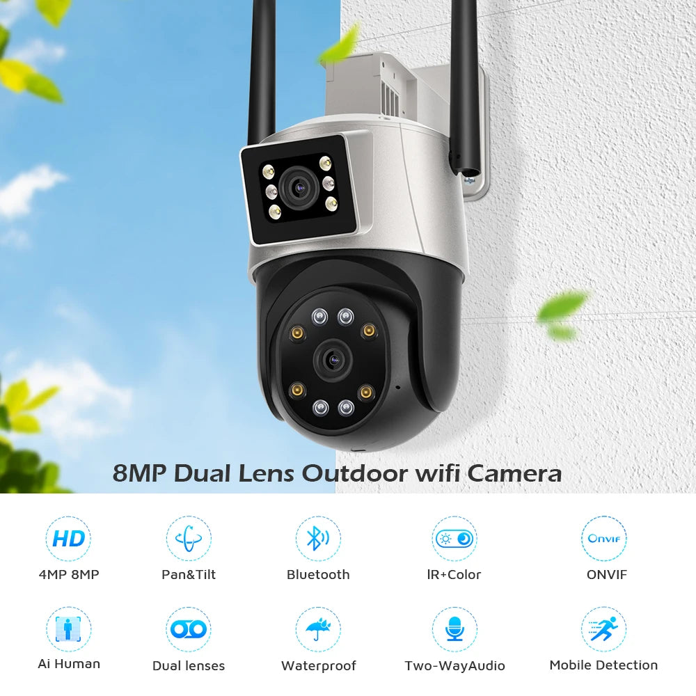 8MP 4K Dual Lens PTZ IP Camera Outdoor Ai Human Detection CCTV Security Camera Color Night Vision Wifi Surveillance Camera ICsee