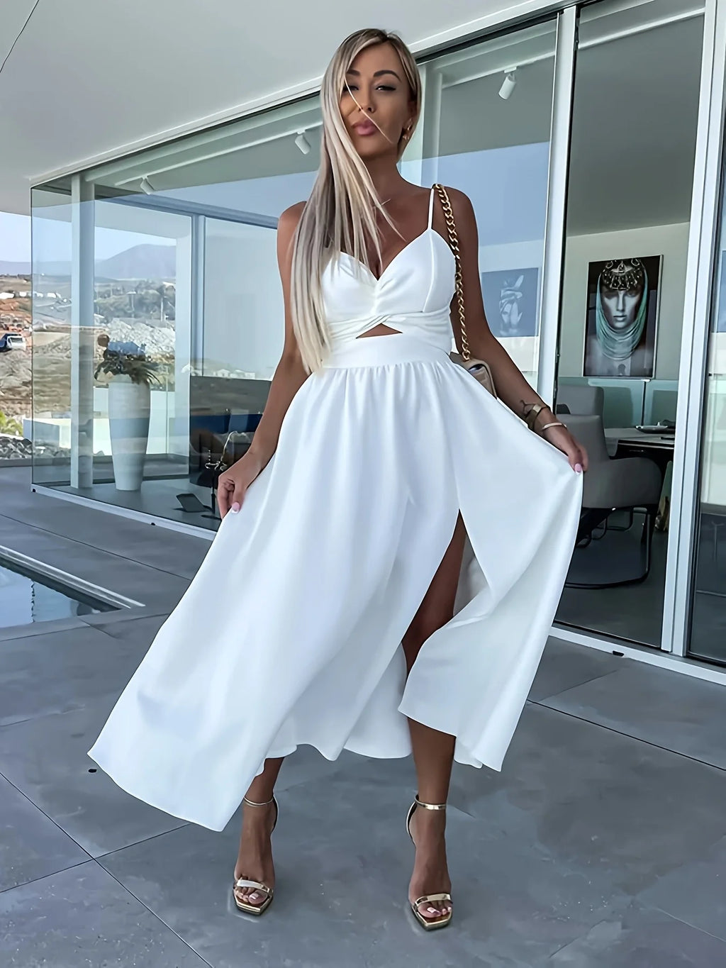 Women's Clothing New Style Solid White Deep V Large Hem Skirt Slit Fashion Sexy Spaghetti Strap High Waist Formal Dress