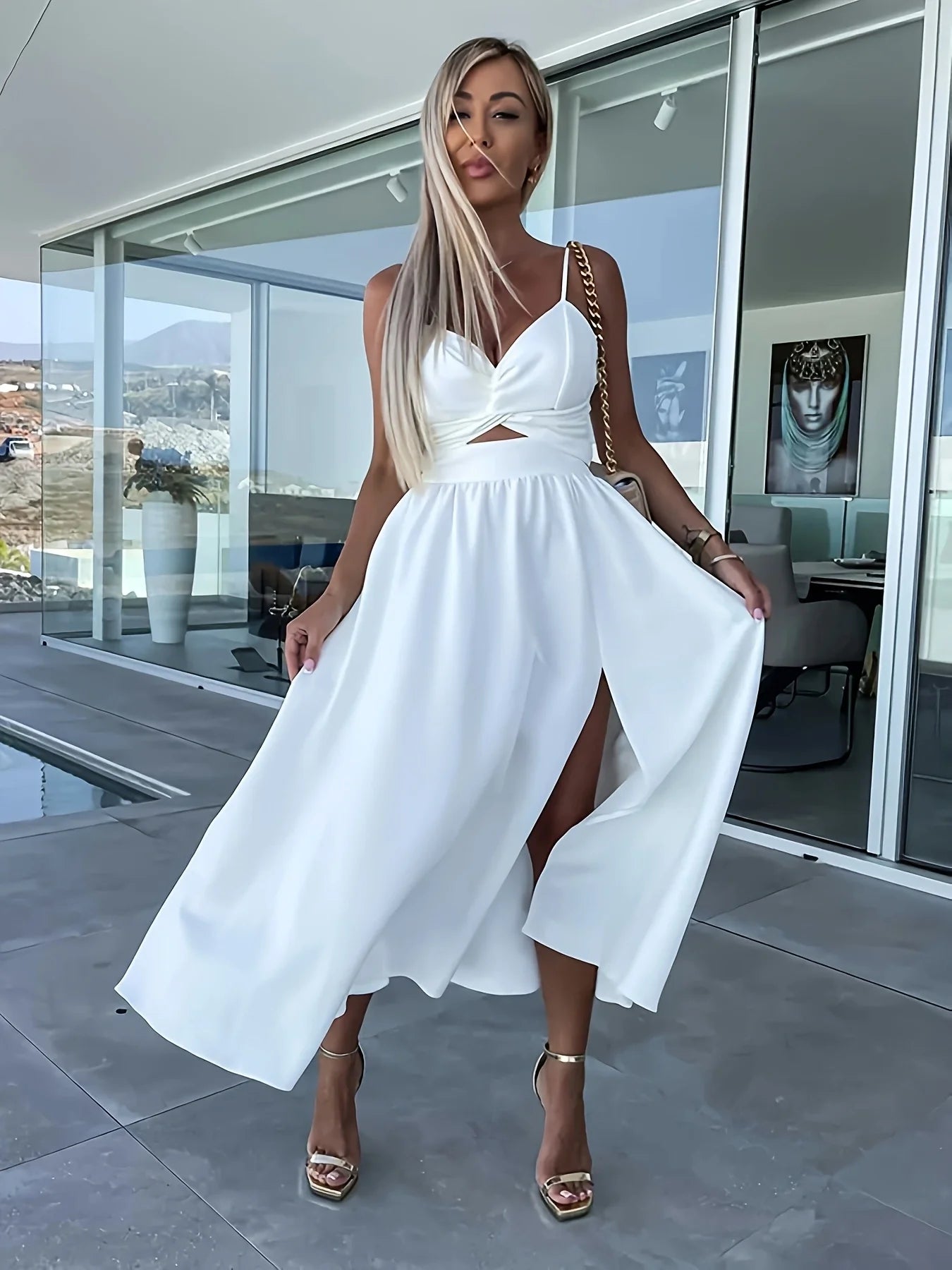 Women's Clothing New Style Solid White Deep V Large Hem Skirt Slit Fashion Sexy Spaghetti Strap High Waist Formal Dress