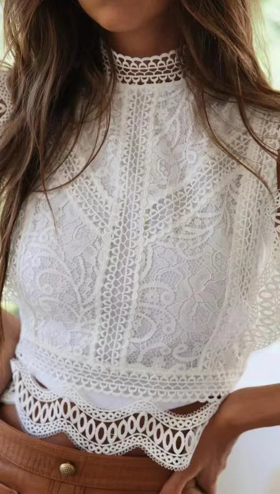Summer Sexy Lace Hollowing Out Top Woman's Fashion Solid Color O-neck Sleeveless Blouses Ladies Foreign Styl Versatile Shirts