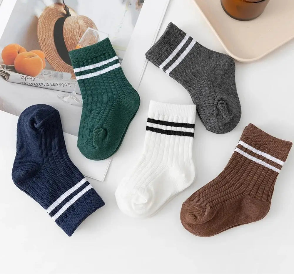 4 Pairs/set Babys Boys Striped Socks Pure Cotton Ribbed Toddler Boys Ankle Socks Pack Soft Kids Accessoies Clothes For 0-5Y Boys