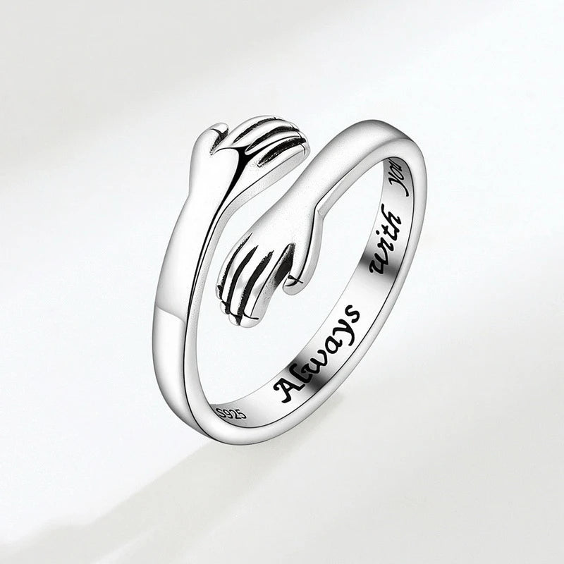 Vintage Silver Color Love Hugging Hands Couple Ring For Men And Women Always With You Forever Adjustable Open Cuff Rings Jewelry