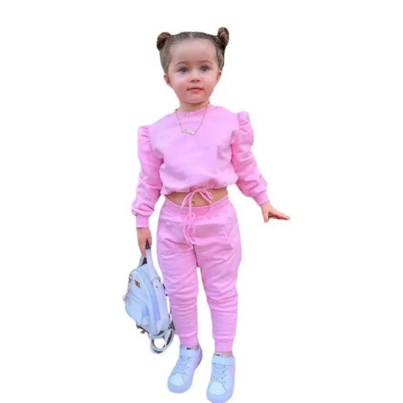 Children's Kids Girls Fall Clothing Outfits Solid Color Long Sleeve Crop Tops+Sport Pants Trousers Fashion Clothes Sets 1-7Y