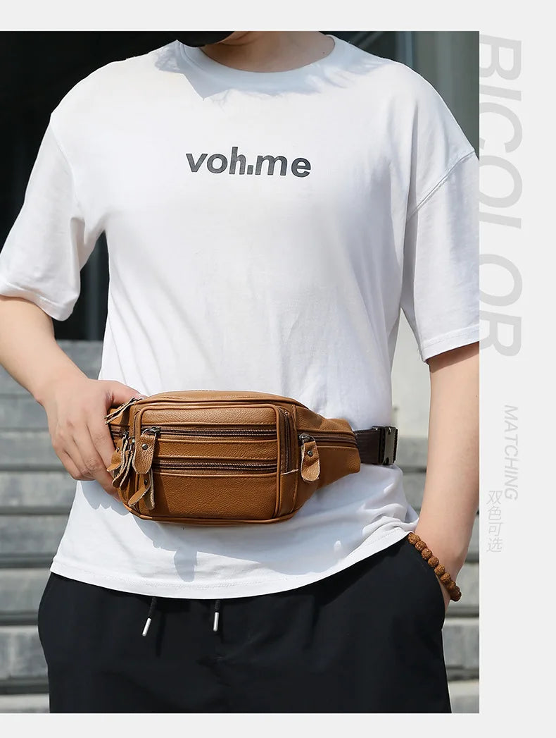 Large Capacity Waterproof PU Leather Men's Waist Bag Male Zipper Site Workers Travel Phone Bag Fanny Pack Men