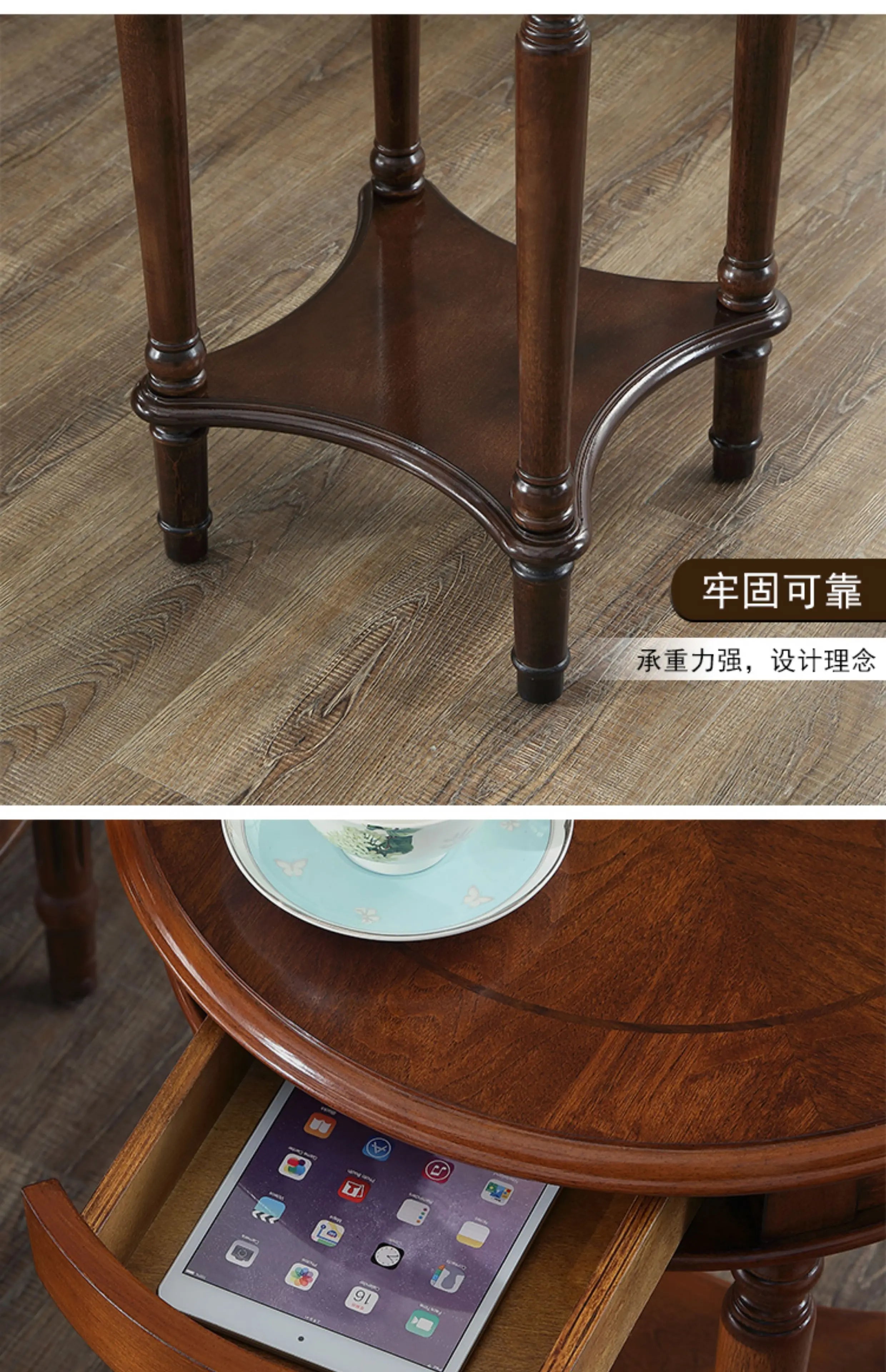 Solid Wood Sofa Side Table American Living Room round Desk European-Style Coffee Surface Casual Telephone Shelf for Entryway