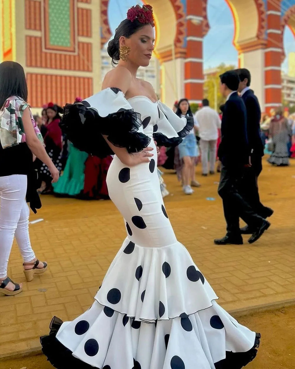 White Black Evening Dress Long Sleeves Polka Dot Skirt 2025 Spanish Prom Dance Dresses Special Occasion Party Gowns