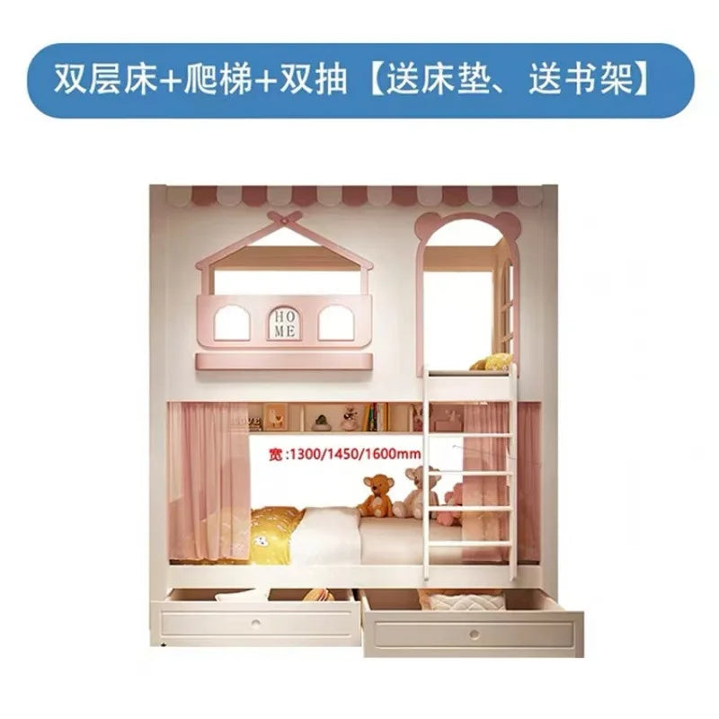 Customizable girl princess bunk bed two-story high-low sister high guardrail slide elevated bed