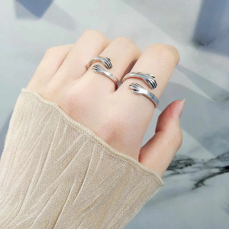Vintage Silver Color Love Hugging Hands Couple Ring For Men And Women Always With You Forever Adjustable Open Cuff Rings Jewelry