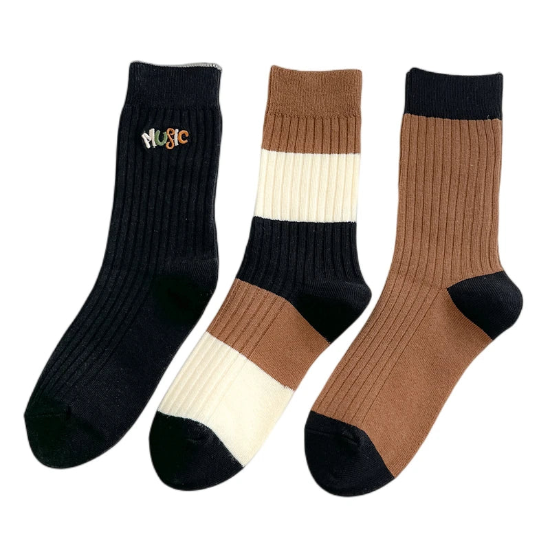 Socks For Women New Fashion Autumn Striped Cotton Long Socks Breathable Soft Korean Style Cute Embroidery Girls Casual Comfort