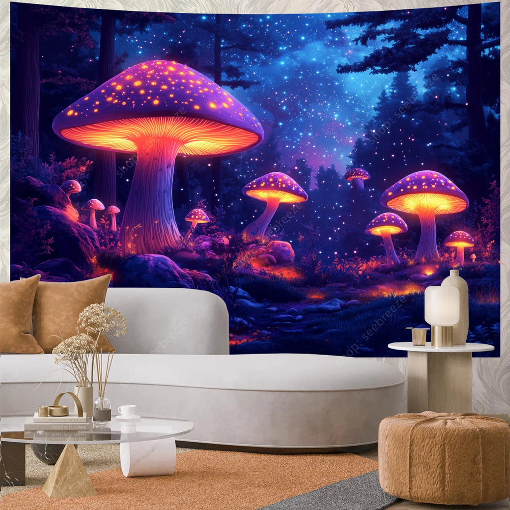 Fantasy Mushroom UV Reactive Tapestry Beautiful Floral Plant Tapestry Wall Hanging Gothic Home Wall Decor Room Decor Aesthetic