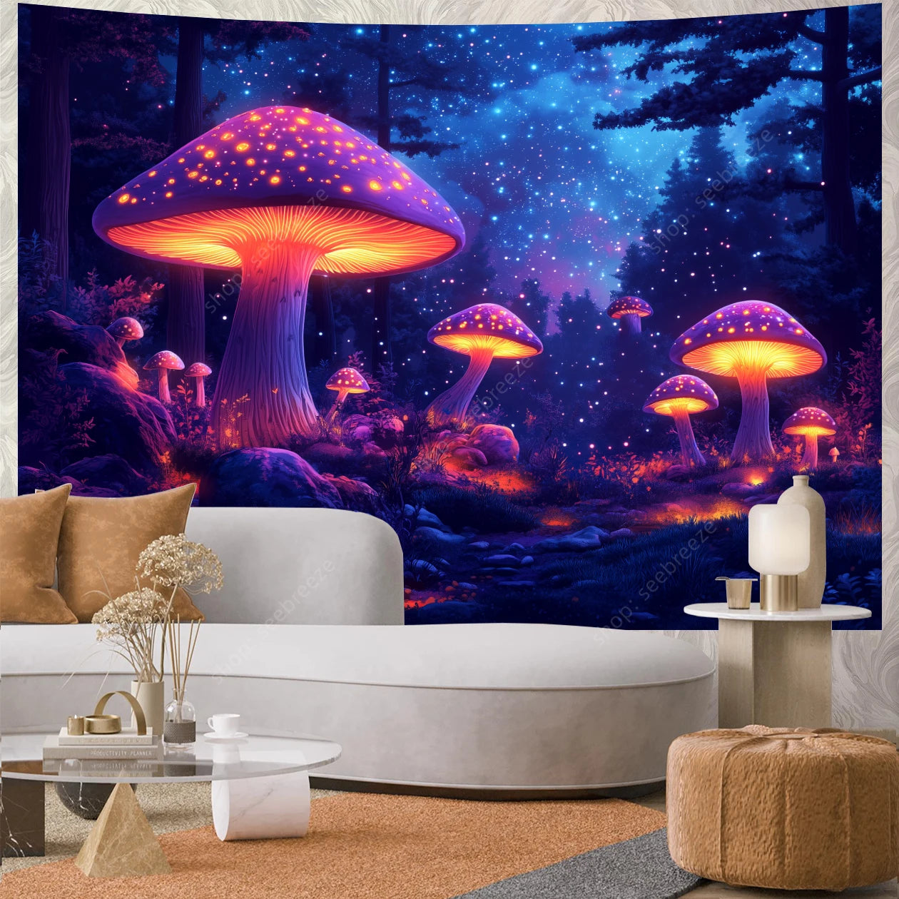 Fantasy Mushroom UV Reactive Tapestry Beautiful Floral Plant Tapestry Wall Hanging Gothic Home Wall Decor Room Decor Aesthetic