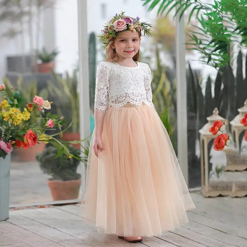 Children Set Clothing for Girls Half Sleeve Lace Top+Champagne Pink Long Skirt Kids Clothes 0-10T E17121