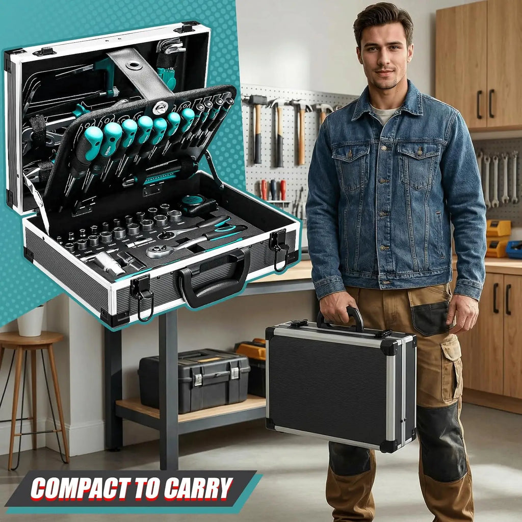 Tool Box Filled 107-Piece Tool Set, Portable Tool Storage Box with Metal Lock, Aluminum Alloy Hard Craftsman Tool Organizer Case