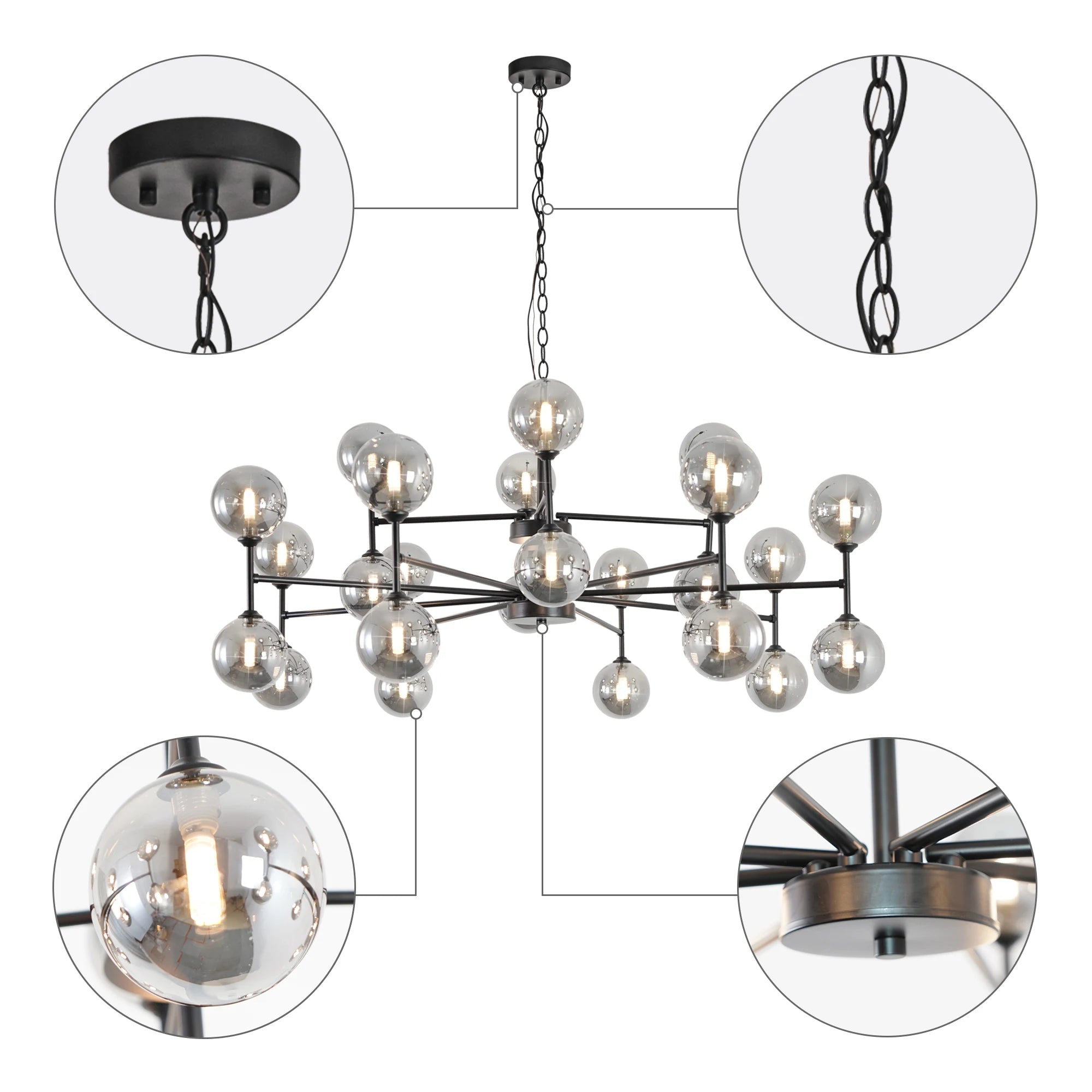24-Light Sputnik Chandelier Black with Glass Shades Bubble Chandelier for Dining Room Living Room Sputnik Light Fixtures