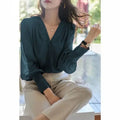 Women's Clothing Chiffon Blouse Spring Fall V-Neck Long Sleeve Slim Fit Retro Minimalist Elegant Feminine Office Chic Solid