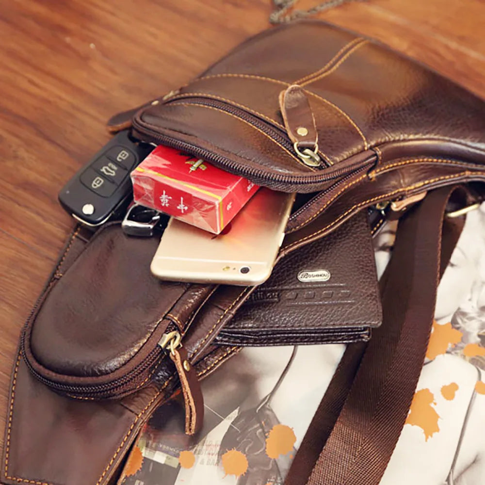 High Quality Men Genuine Leather Sling Cross Body Backpack Rucksack Multi-Pockets Casual Male Real Cowhide Shoulder Chest Bag