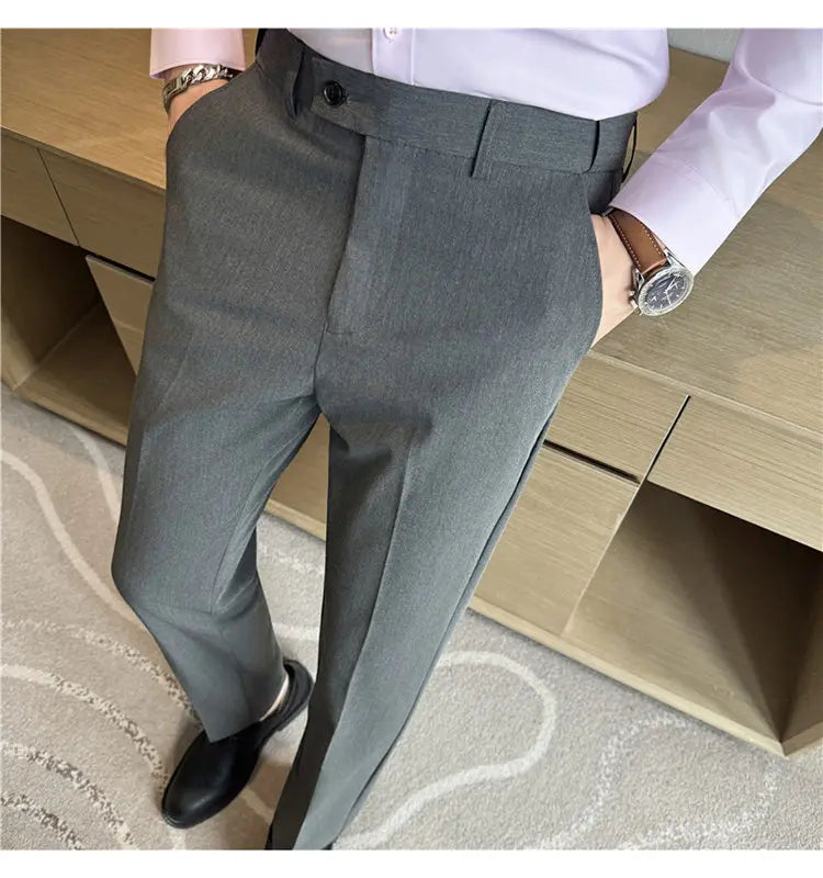 Men Suit Pant Elastic Waist Solid Slim Fit Dress Pants Light Thin Business Casual Office Social Trouser Oversized Men Clothing
