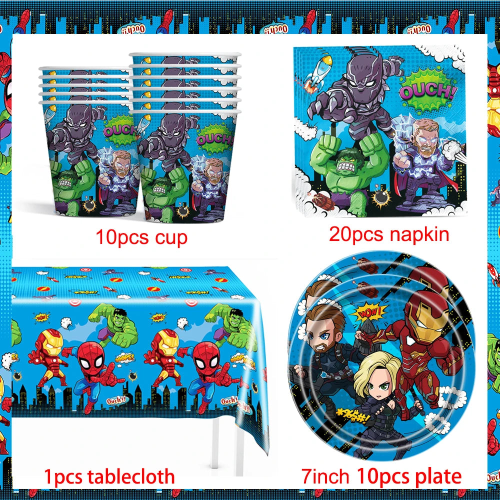 Marvel The Avengers Birthday Supplies Disposable Plate Napkin Cup Tablecloth Balloon for Kids Boy Superhero Party Decorations