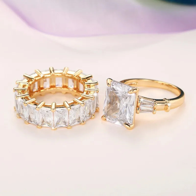 CAOSHI 2Pcs/Set Gorgeous Wedding Rings for Women Brilliant Cubic Zirconia Finger Jewelry for Anniversary Party Fashion Lady Gift