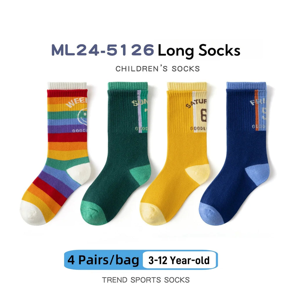 4 Pairs Long Socks Children's Newest Tennis Socks Knee Socks Cotton Striped Sporty Socks Boys Girls Skating Athletic Socks