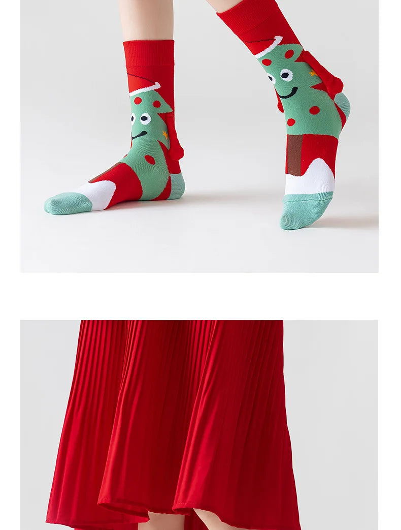 Women's Socks Cartoon Creative Christmas Wear Funny Handholding Kawaii Cute Socks High Quality Cotton Mid-tube Socks For Girl