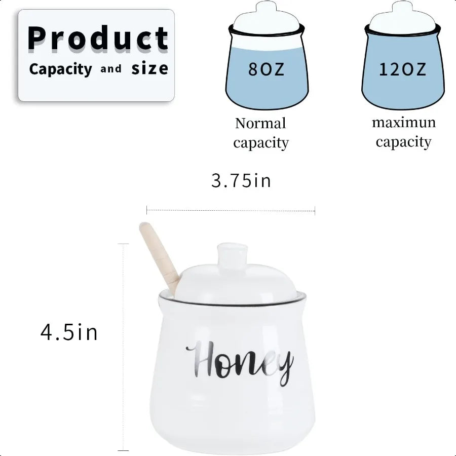 Farmhouse Porcelain Honey Jar with Dipper and Lid Set 12ozEasy to Clean White