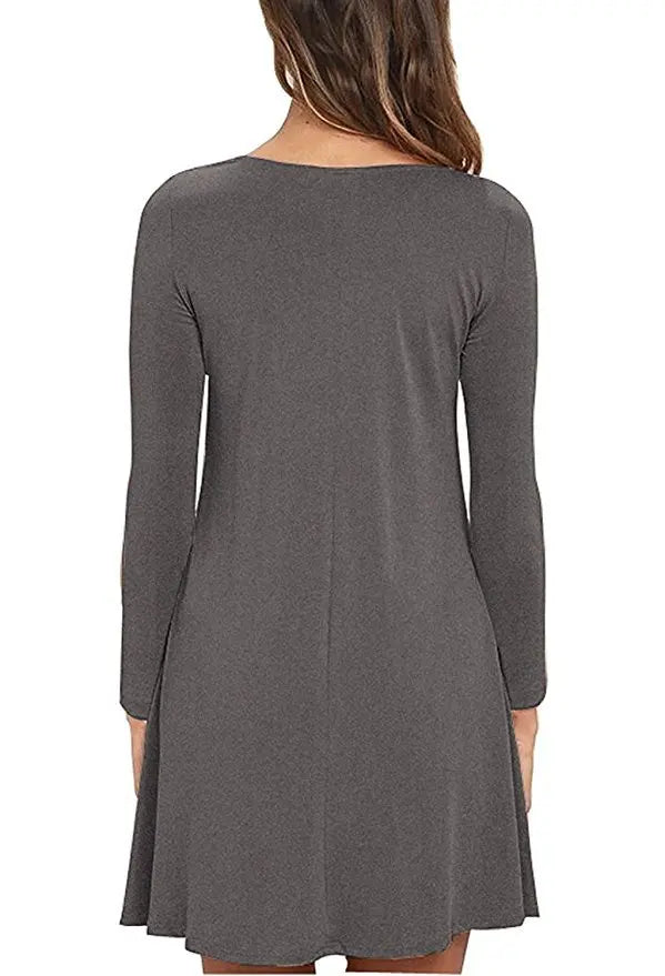 Women's Clothing New Autumn Winter Dress Solid Color Round Neck Swing Pocket Swing