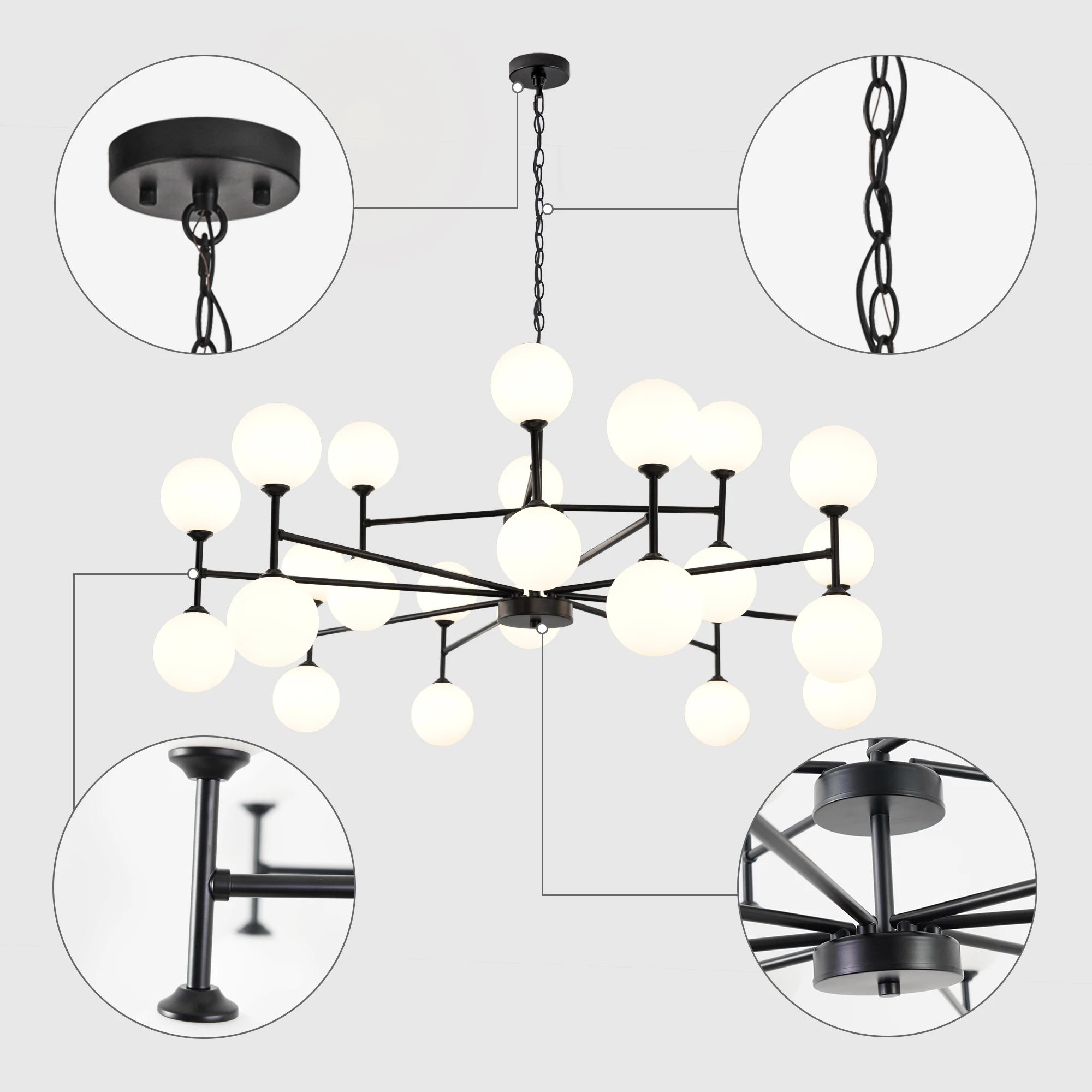 24-Light Sputnik Chandelier Black with Glass Shades Bubble Chandelier for Dining Room Living Room Sputnik Light Fixtures