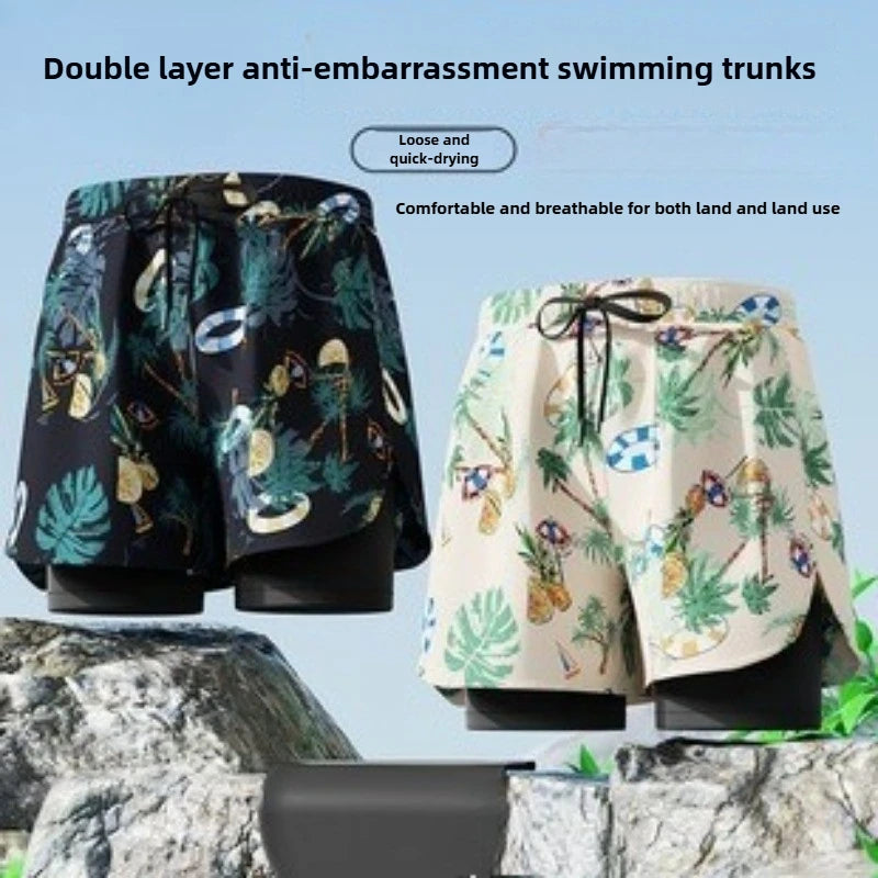 Mens Style Swimming Trunks for Adults Double layer Quick Drying Beach Pants Antiembarrassing Hot Spring Casual Shorts for Summer