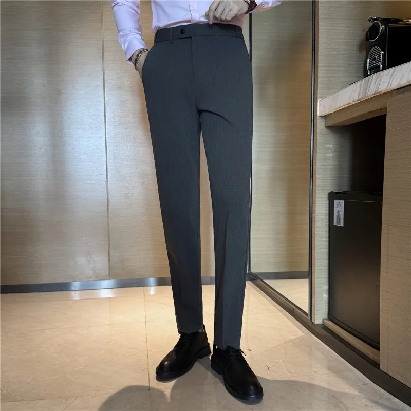 Men Suit Pant Elastic Waist Solid Slim Fit Dress Pants Light Thin Business Casual Office Social Trouser Oversized Men Clothing