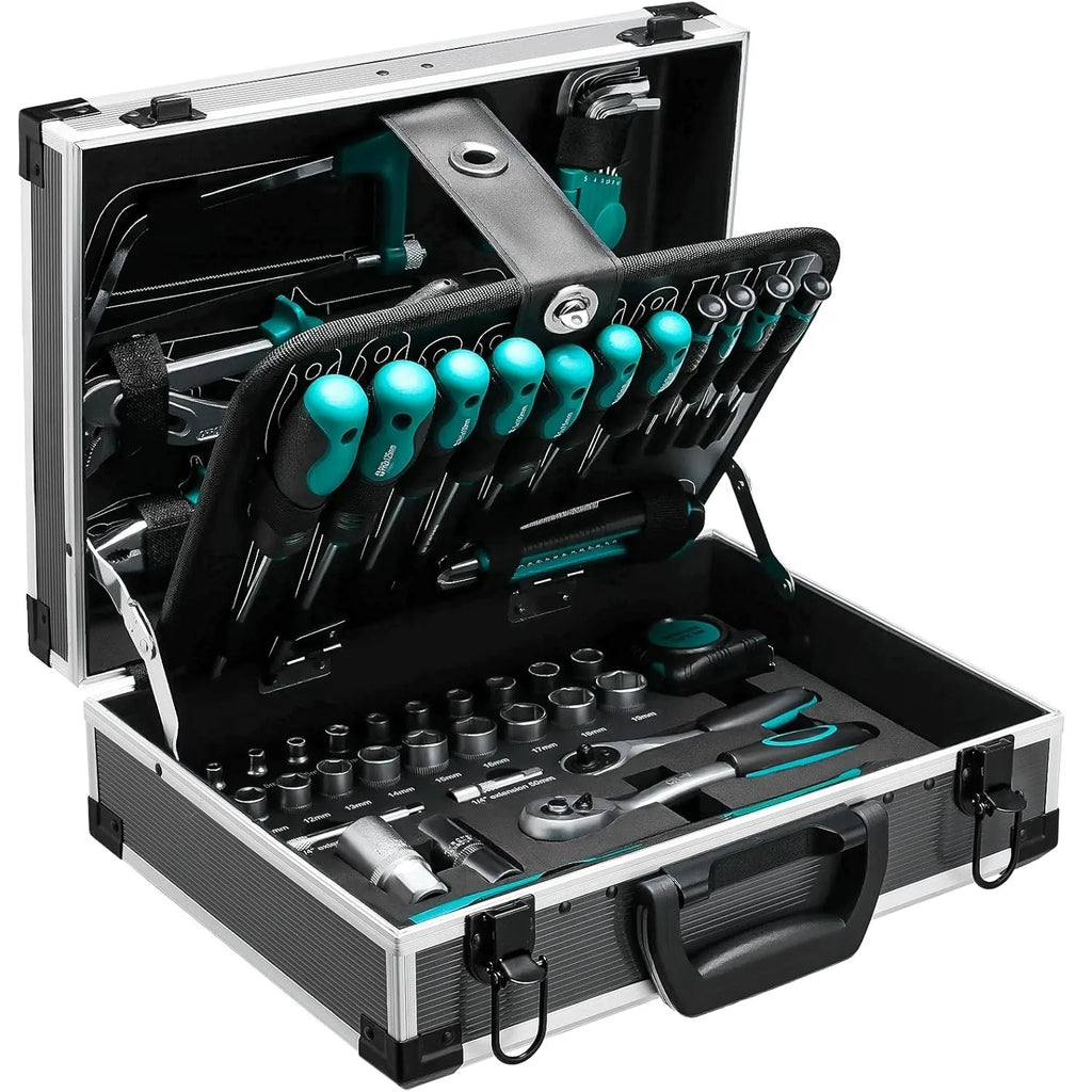 Tool Box Filled 107-Piece Tool Set, Portable Tool Storage Box with Metal Lock, Aluminum Alloy Hard Craftsman Tool Organizer Case