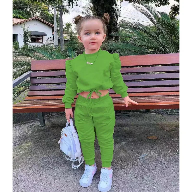 Children's Kids Girls Fall Clothing Outfits Solid Color Long Sleeve Crop Tops+Sport Pants Trousers Fashion Clothes Sets 1-7Y