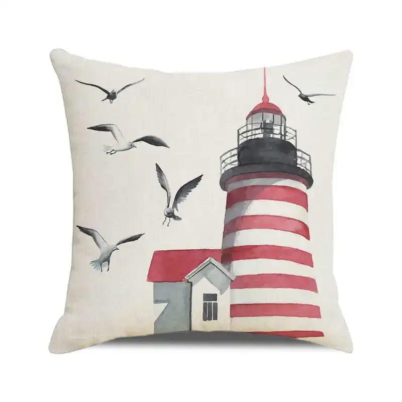 Throw Pillow Cover Watercolor Lighthouse Navigation Ocean Seagull Boat Home Sofa Cushion Cover Home Decor Pillowcase 40x40 Cm