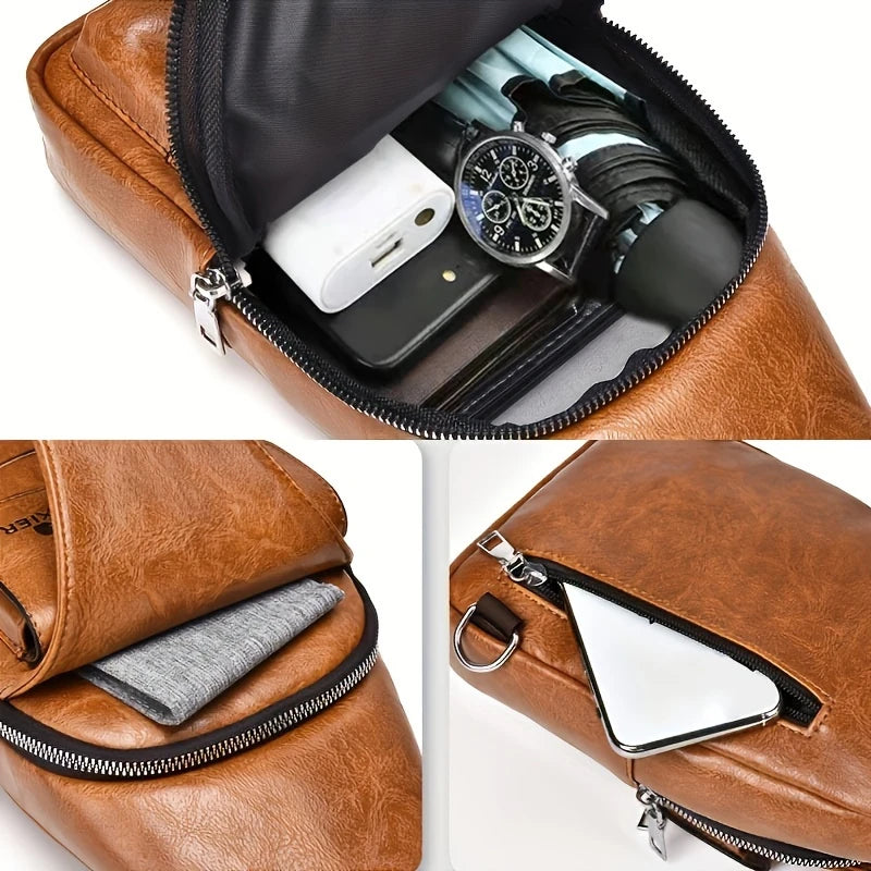 New PU Leather Crossbody Bag Vintage Casual Chest Bag Men Women Large Capacity Waterproof Sling Bag Simple Business Shoulder Bag