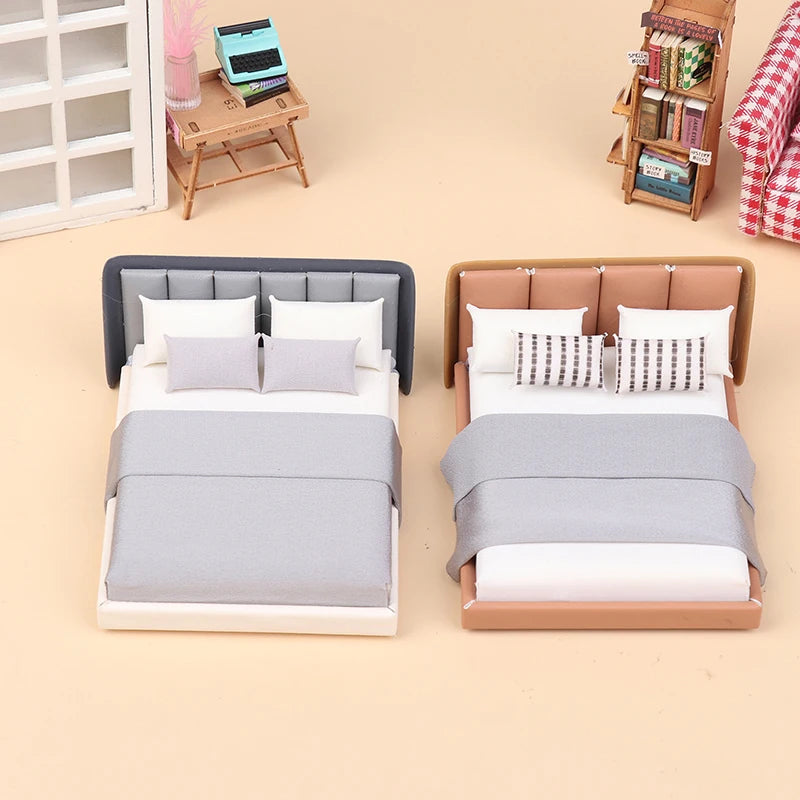 Dollhouse Cream Color Double Bed Model For Bedroom Micro Landscape Scene Miniature Furniture Doll Accessories