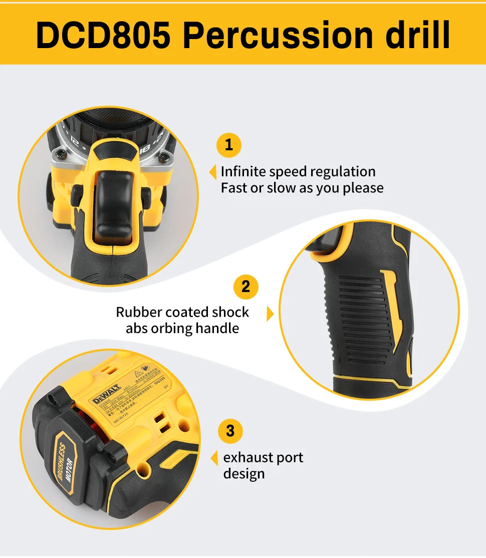 Dewalt 20V DCD805 Cordless Impact Drill Brushless Impact Drill/driver Kit Tool, Car Repair Tool