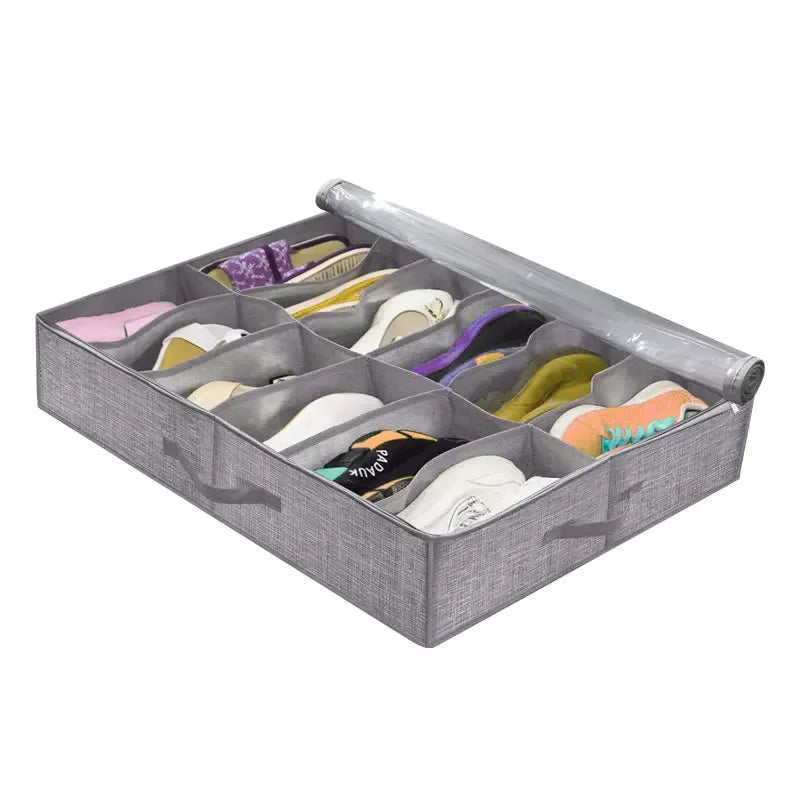 Shoe Storage Organizer Box with Reinforced Handles for Under Bed, Fit 12 Pairs, Collapsible Closet Underbed Shoes Container Bags