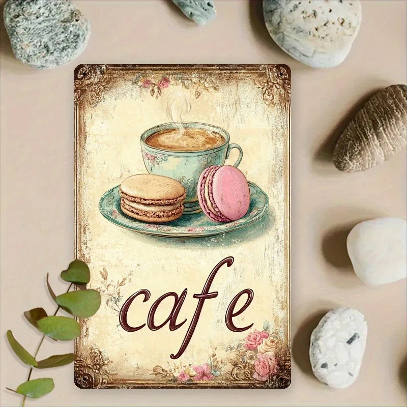 Vintage Cafe Tin Sign, 8x12 Inch Iron Wall Art with Rustic Coffee Design - Perfect for Home, Office, Restaurant Decor
