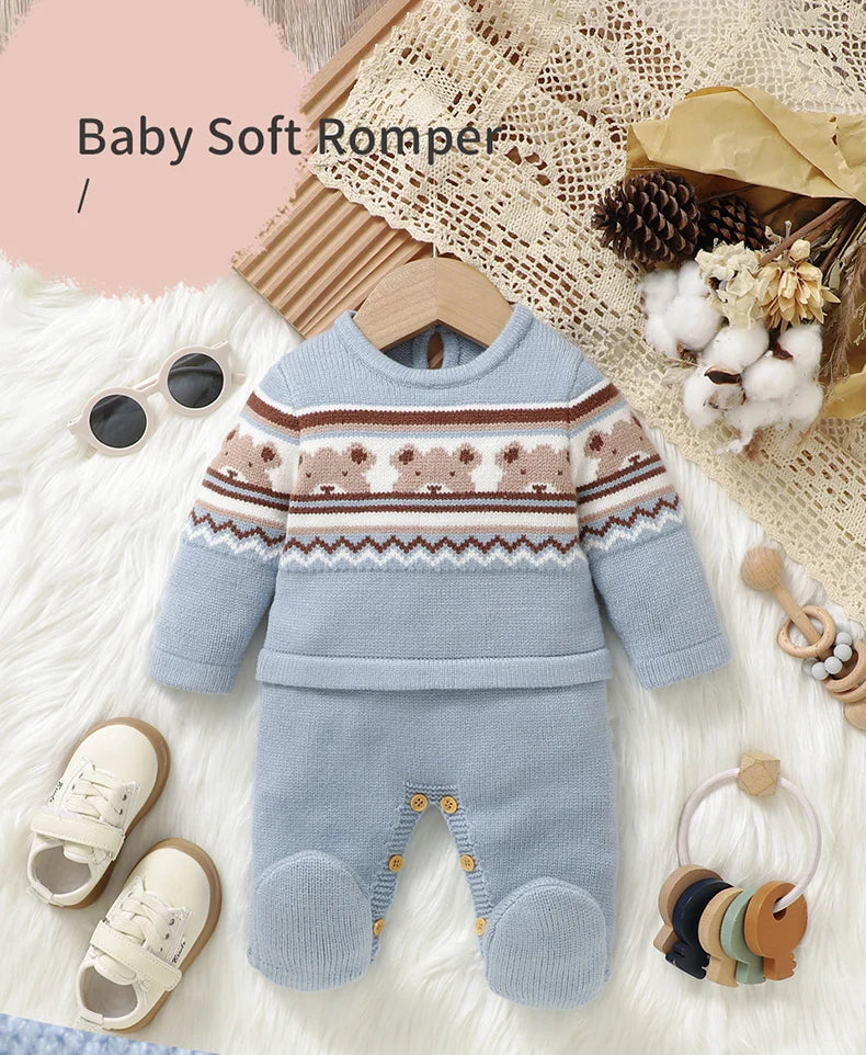 Baby Romper Knitted Toddler Kid Clothes 0-9M Infant Overalls Cute Bears Newborn Boys Girls Jumpsuit Long Sleeve Foot Wrap Autumn