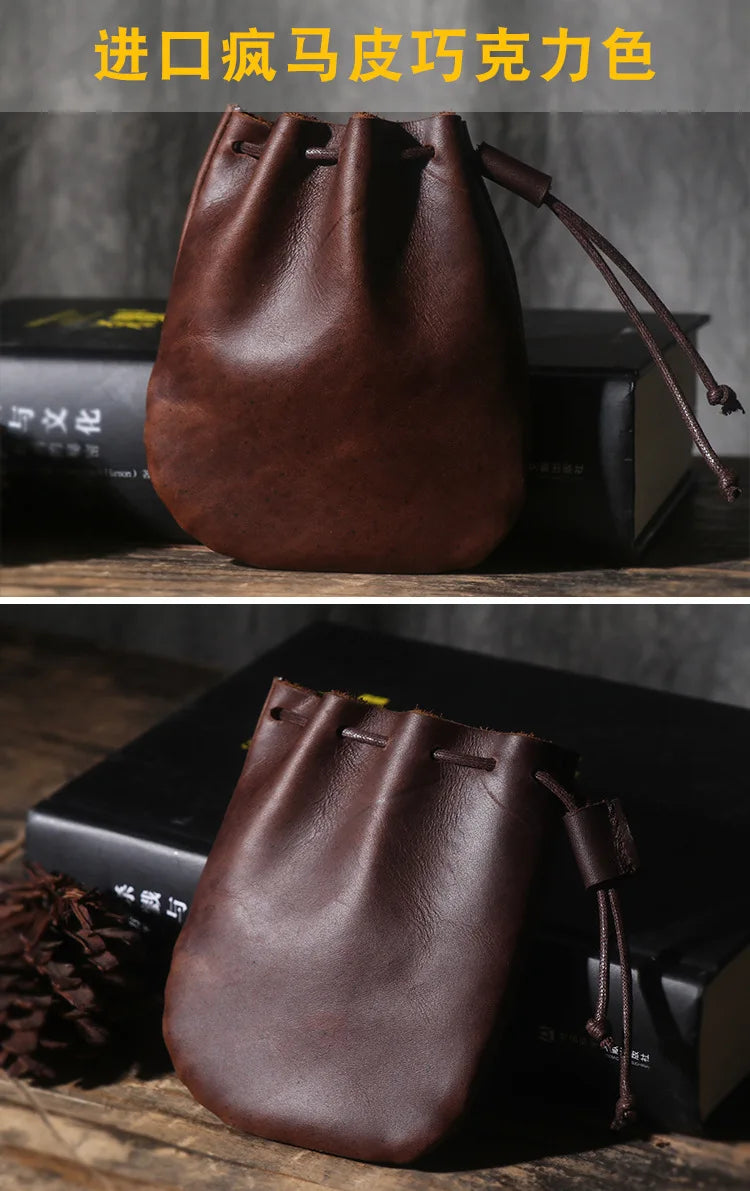 Drawstring Coin Storage Bag Handmade Genuine Leather Unisex Coin Purse Cow Leather Coins Money Pocket Retro Wallet Bags
